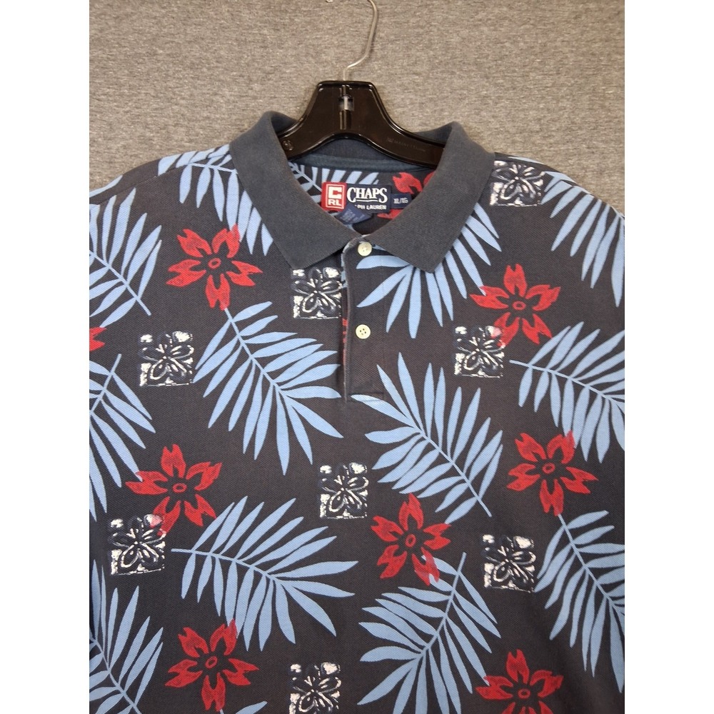 VTG Chaps Mens Shirt XL Blue Red Tropical Floral Golf Polo Casual Resort